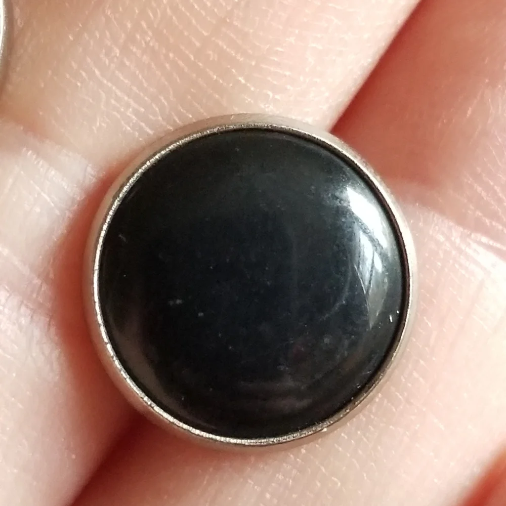 Vintage cuff links black cabochon silver tone metal round domed cufflinks